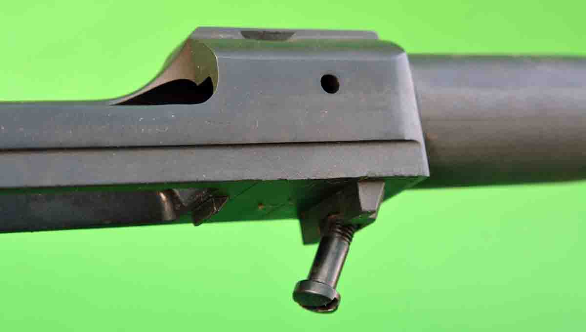 The Ruger M77 front guard screw is angled at around 62 degrees that serves to pull the action downward and backwards into the stock. Ruger was very fond of this aspect of the design.